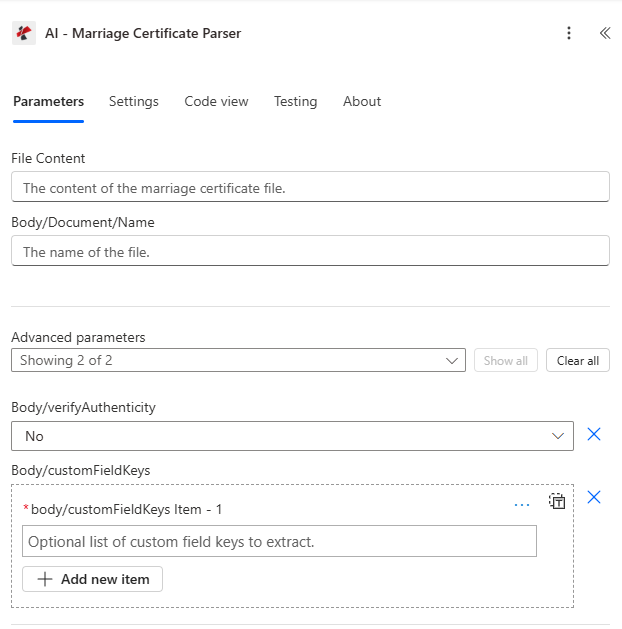 Clicca per ingrandire Azione AI-Marriage Certificate Parser in Power Automate che mostra i campi Contenuto del file del certificato di matrimonio, Nome del certificato di matrimonio, Verifica dell'autenticità del corpo e Chiavi di campo personalizzate del corpo